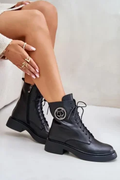 Sale Boto Skórzane Botki Workery Ocieplane Na Zamek Z Ozdobą Czarne Lorevine