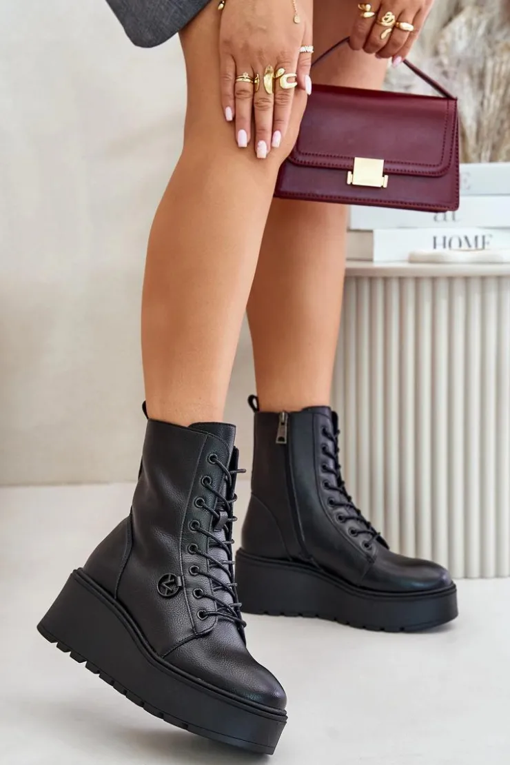 Buty damskie Vinceza Botki Skórzane|Botki Na Koturnie*Skórzane Botki Workery Ocieplane Na Platformie I Koturnie Vinceza 58338 Czarne