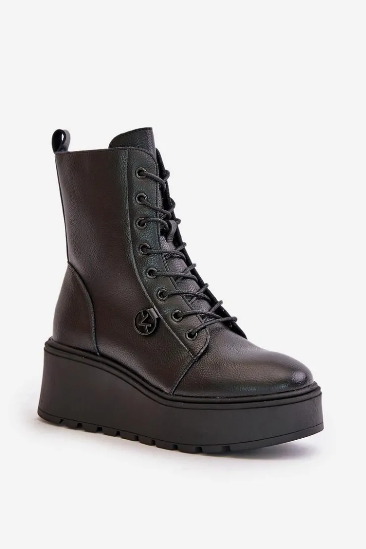 Buty damskie Vinceza Botki Skórzane|Botki Na Koturnie*Skórzane Botki Workery Ocieplane Na Platformie I Koturnie Vinceza 58338 Czarne