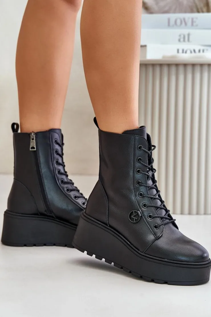 Buty damskie Vinceza Botki Skórzane|Botki Na Koturnie*Skórzane Botki Workery Ocieplane Na Platformie I Koturnie Vinceza 58338 Czarne