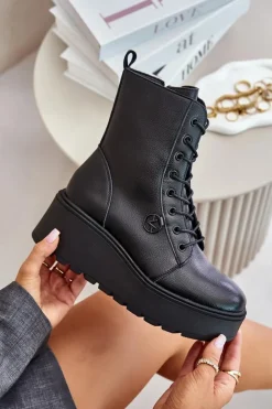 Buty damskie Vinceza Botki Skórzane|Botki Na Koturnie*Skórzane Botki Workery Ocieplane Na Platformie I Koturnie Vinceza 58338 Czarne