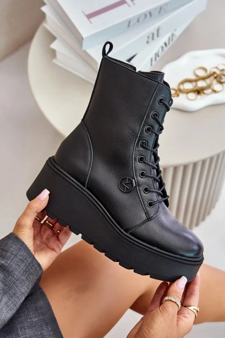 Buty damskie Vinceza Botki Skórzane|Botki Na Koturnie*Skórzane Botki Workery Ocieplane Na Platformie I Koturnie Vinceza 58338 Czarne