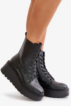 Buty damskie Vinceza Botki Skórzane|Botki Na Koturnie*Skórzane Botki Workery Ocieplane Na Platformie I Koturnie Vinceza 58338 Czarne