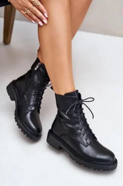 New Evento Skórzane Botki Workery Ocieplane Na Zamek Czarne Elosie