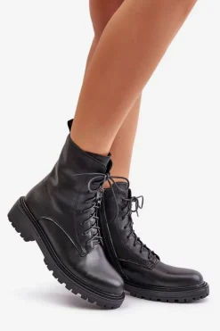 New Evento Skórzane Botki Workery Ocieplane Na Zamek Czarne Elosie