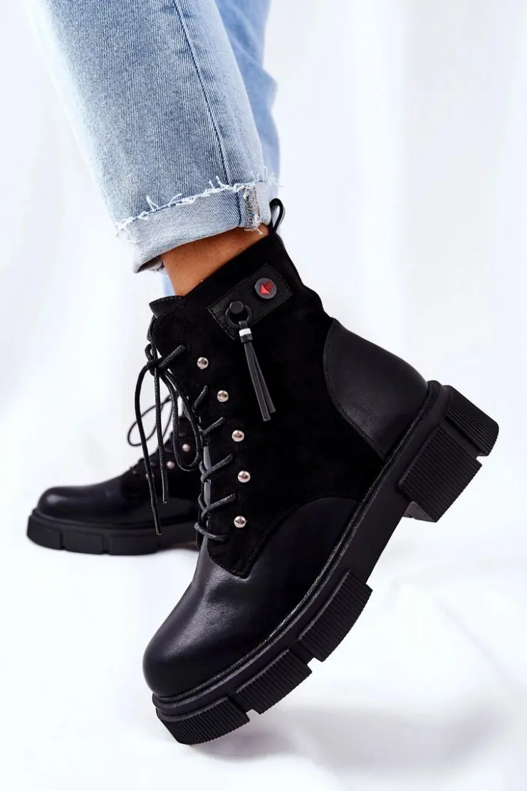 Outlet Boto Skórzane Botki Workery Wiązane Czarne Your Way!