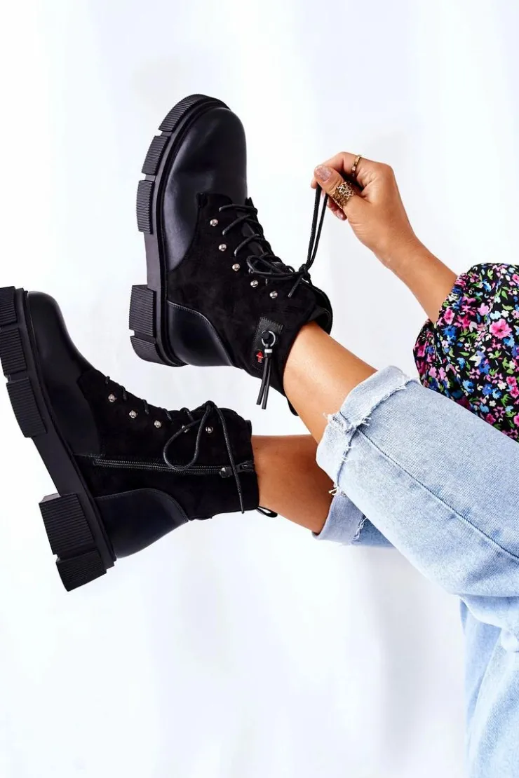 Outlet Boto Skórzane Botki Workery Wiązane Czarne Your Way!