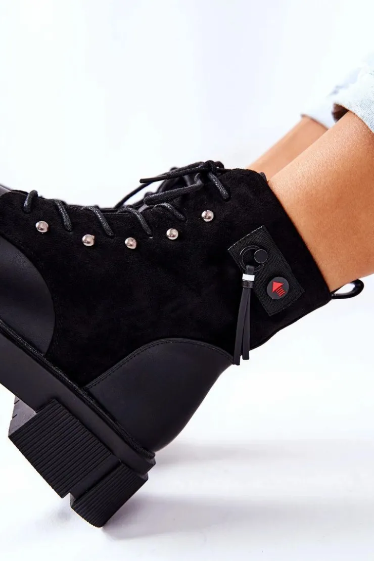 Outlet Boto Skórzane Botki Workery Wiązane Czarne Your Way!