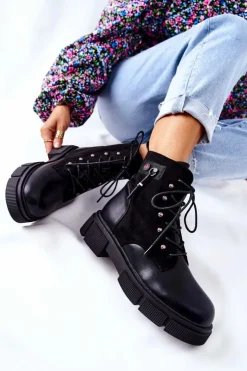 Outlet Boto Skórzane Botki Workery Wiązane Czarne Your Way!