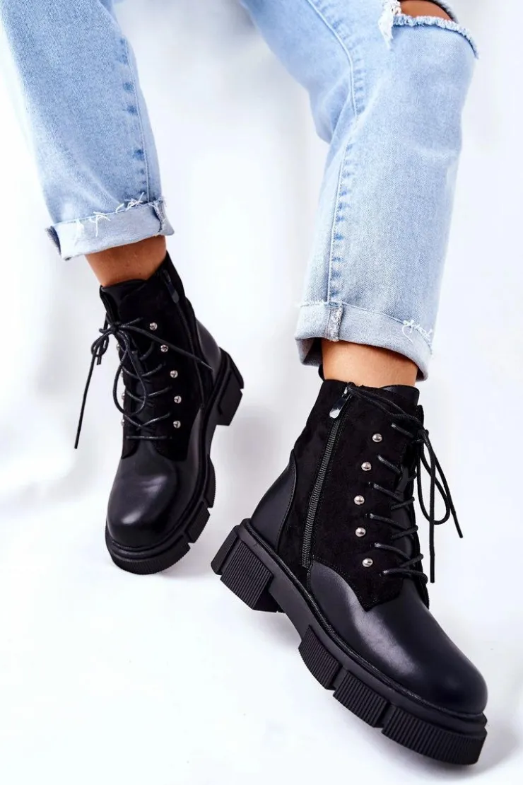 Outlet Boto Skórzane Botki Workery Wiązane Czarne Your Way!