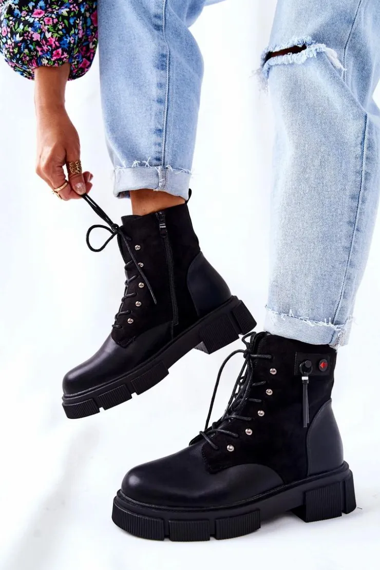 Outlet Boto Skórzane Botki Workery Wiązane Czarne Your Way!