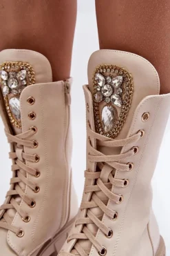 Damskie Boto Skórzane Botki Workery Z Biżuteryjną Ozdobą Beżowe Marx