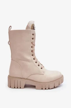 Damskie Boto Skórzane Botki Workery Z Biżuteryjną Ozdobą Beżowe Marx