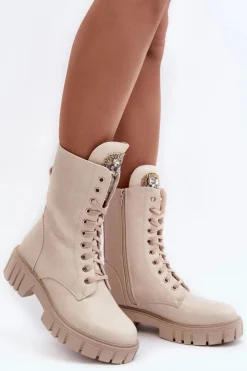 Damskie Boto Skórzane Botki Workery Z Biżuteryjną Ozdobą Beżowe Marx