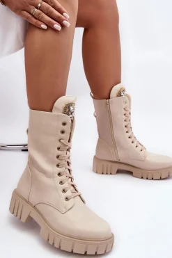 Damskie Boto Skórzane Botki Workery Z Biżuteryjną Ozdobą Beżowe Marx