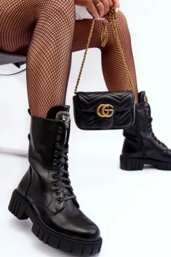 Clearance Boto Skórzane Botki Workery Z Biżuteryjną Ozdobą Czarne Marx