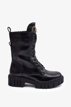 Clearance Boto Skórzane Botki Workery Z Biżuteryjną Ozdobą Czarne Marx