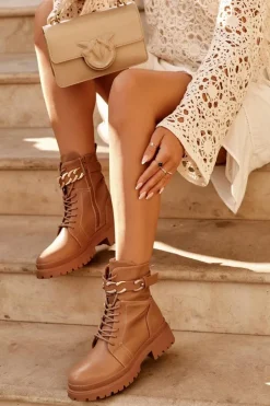 Damskie Boto Skórzane Botki Workery Z Ozdobnym Paskiem Brązowe Enili