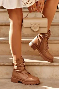 Damskie Boto Skórzane Botki Workery Z Ozdobnym Paskiem Brązowe Enili