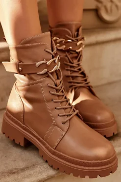 Damskie Boto Skórzane Botki Workery Z Ozdobnym Paskiem Brązowe Enili