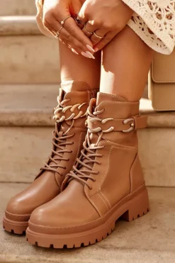 Damskie Boto Skórzane Botki Workery Z Ozdobnym Paskiem Brązowe Enili