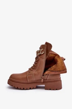 Damskie Boto Skórzane Botki Workery Z Ozdobnym Paskiem Brązowe Enili