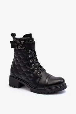 Damskie Boto Skórzane Botki Workery Z Ozdobą Czarne Davo