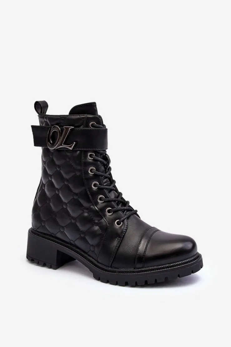 Damskie Boto Skórzane Botki Workery Z Ozdobą Czarne Davo
