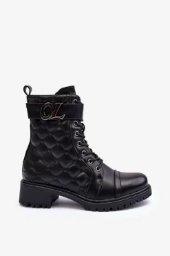Damskie Boto Skórzane Botki Workery Z Ozdobą Czarne Davo