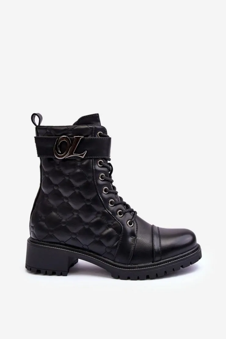 Damskie Boto Skórzane Botki Workery Z Ozdobą Czarne Davo