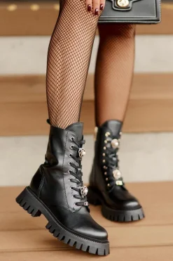 CheBello Damskie Trapery|Botki Skórzane*Skórzane Botki Workery Z Przypinkami Na Zamek 4553 Czarne
