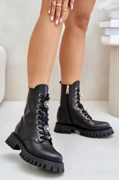 CheBello Damskie Trapery|Botki Skórzane*Skórzane Botki Workery Z Przypinkami Na Zamek 4553 Czarne