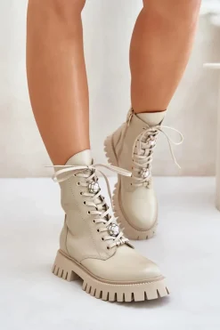 Damskie CheBello Skórzane Botki Workery Z Przypinkami Na Zamek 4553 Beżowe