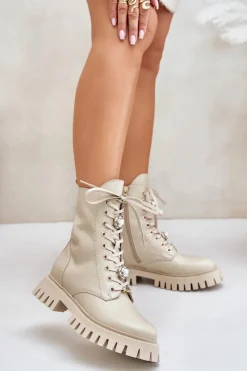 Damskie CheBello Skórzane Botki Workery Z Przypinkami Na Zamek 4553 Beżowe