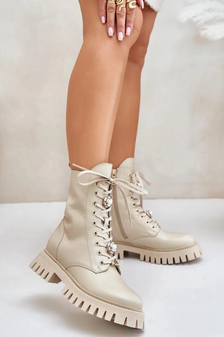 Damskie CheBello Skórzane Botki Workery Z Przypinkami Na Zamek 4553 Beżowe