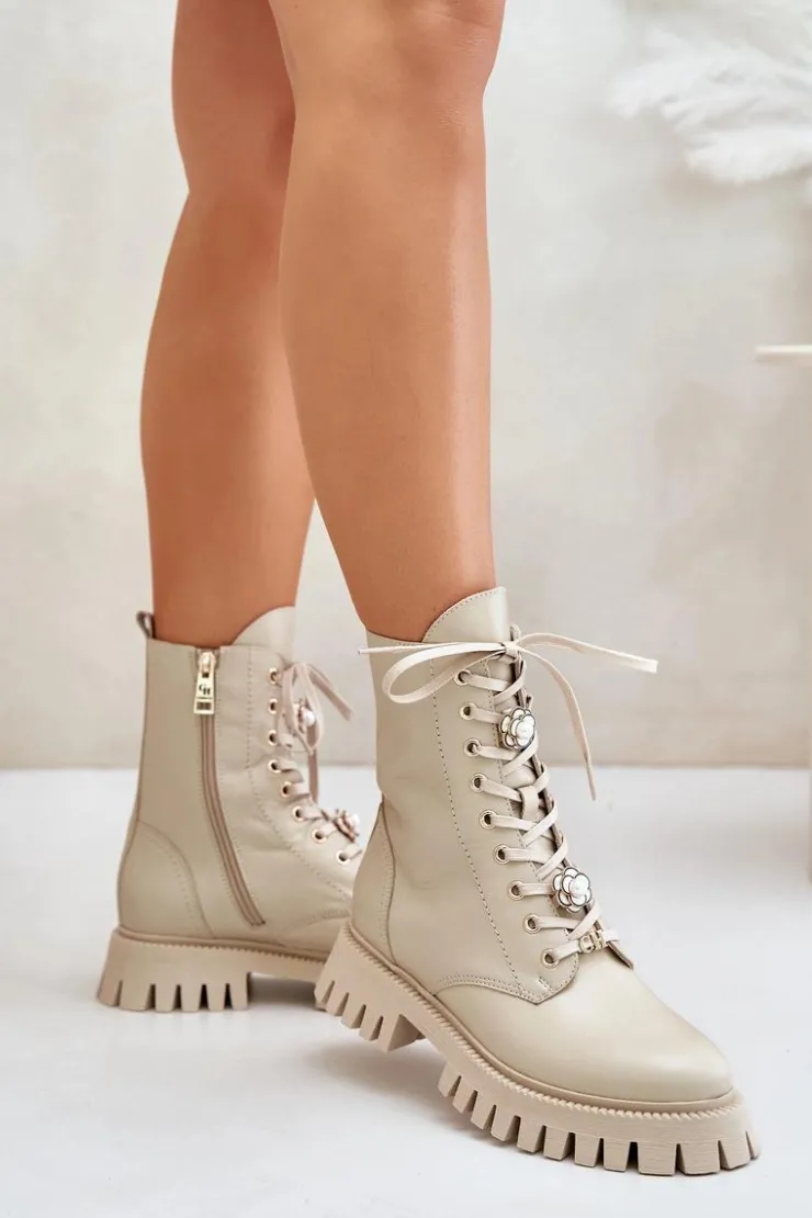 Damskie CheBello Skórzane Botki Workery Z Przypinkami Na Zamek 4553 Beżowe