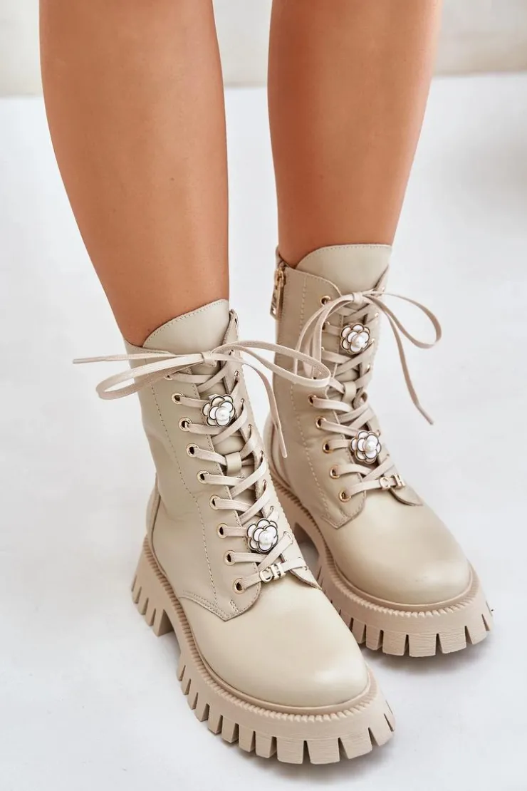 Damskie CheBello Skórzane Botki Workery Z Przypinkami Na Zamek 4553 Beżowe