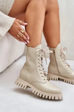 Damskie CheBello Skórzane Botki Workery Z Przypinkami Na Zamek 4553 Beżowe