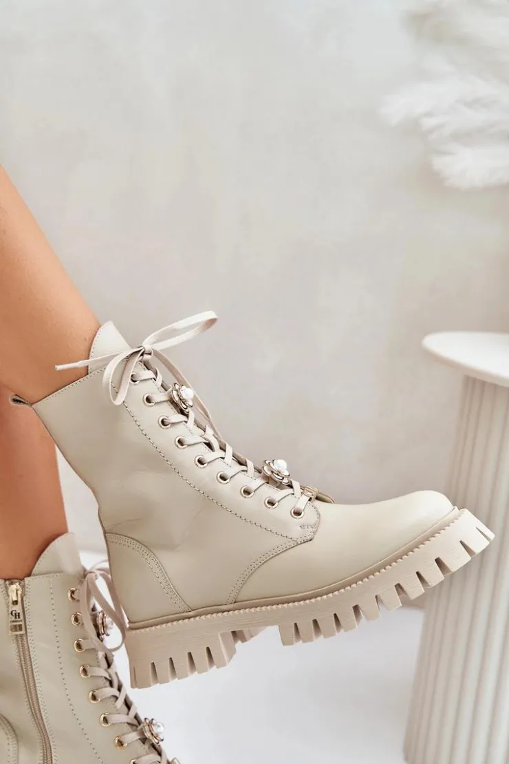 Damskie CheBello Skórzane Botki Workery Z Przypinkami Na Zamek 4553 Beżowe