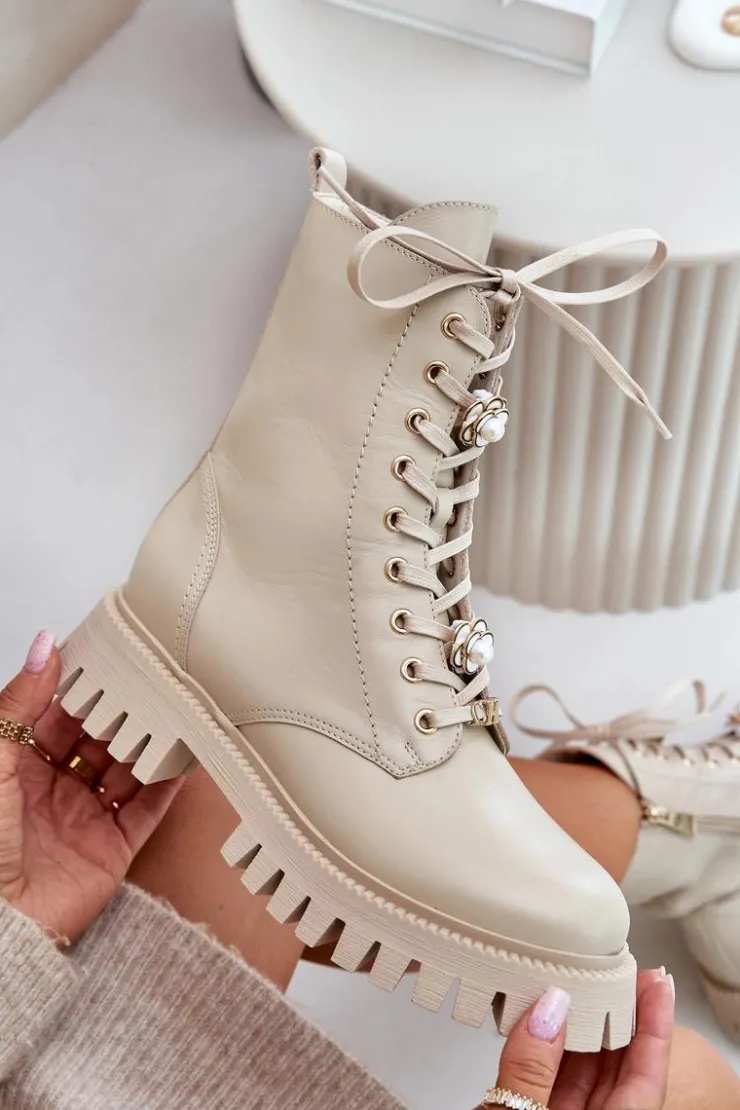 Damskie CheBello Skórzane Botki Workery Z Przypinkami Na Zamek 4553 Beżowe