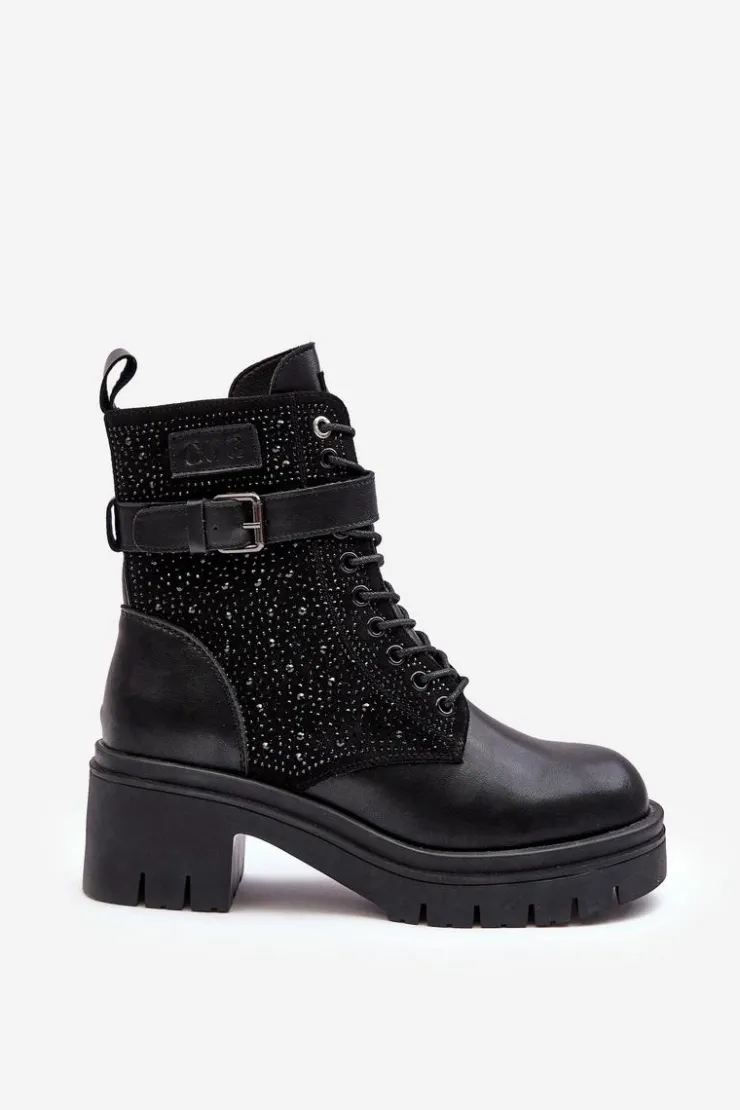 GOE Botki Skórzane|Czarne Botki*Skórzane Botki Workery Zdobione Dżetami MM2N4041 Czarne