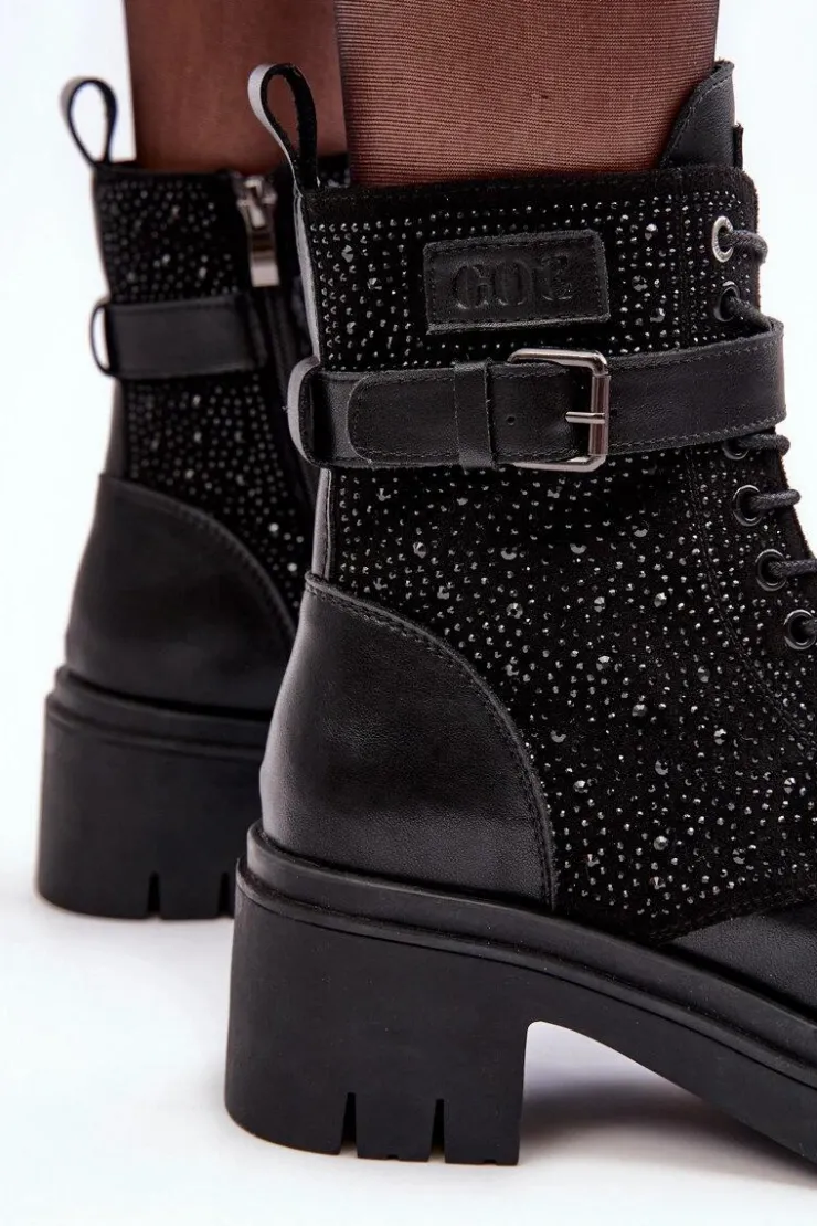 GOE Botki Skórzane|Czarne Botki*Skórzane Botki Workery Zdobione Dżetami MM2N4041 Czarne