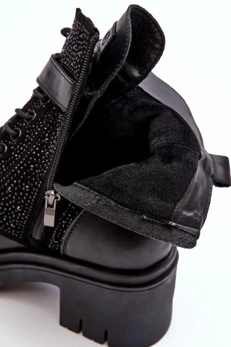 GOE Botki Skórzane|Czarne Botki*Skórzane Botki Workery Zdobione Dżetami MM2N4041 Czarne