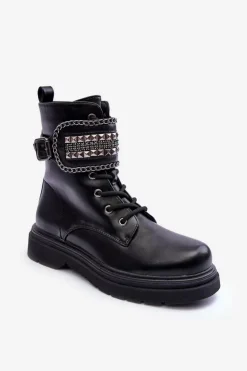 Boto Botki Sznurowane|Czarne Botki*Skórzane Botki Workery Zdobione Ćwiekami Czarne Kongei