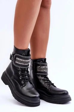 Boto Botki Sznurowane|Czarne Botki*Skórzane Botki Workery Zdobione Ćwiekami Czarne Kongei