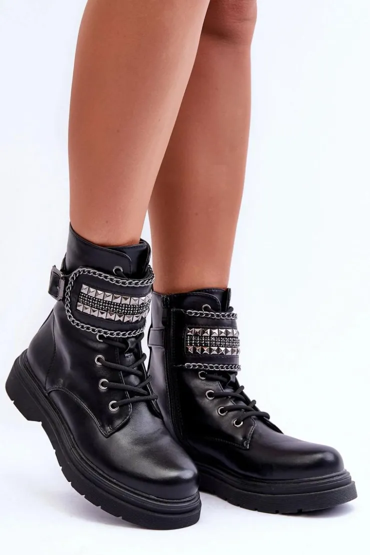 Boto Botki Sznurowane|Czarne Botki*Skórzane Botki Workery Zdobione Ćwiekami Czarne Kongei