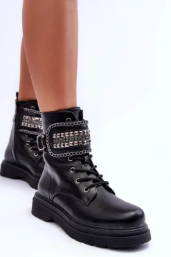 Boto Botki Sznurowane|Czarne Botki*Skórzane Botki Workery Zdobione Ćwiekami Czarne Kongei