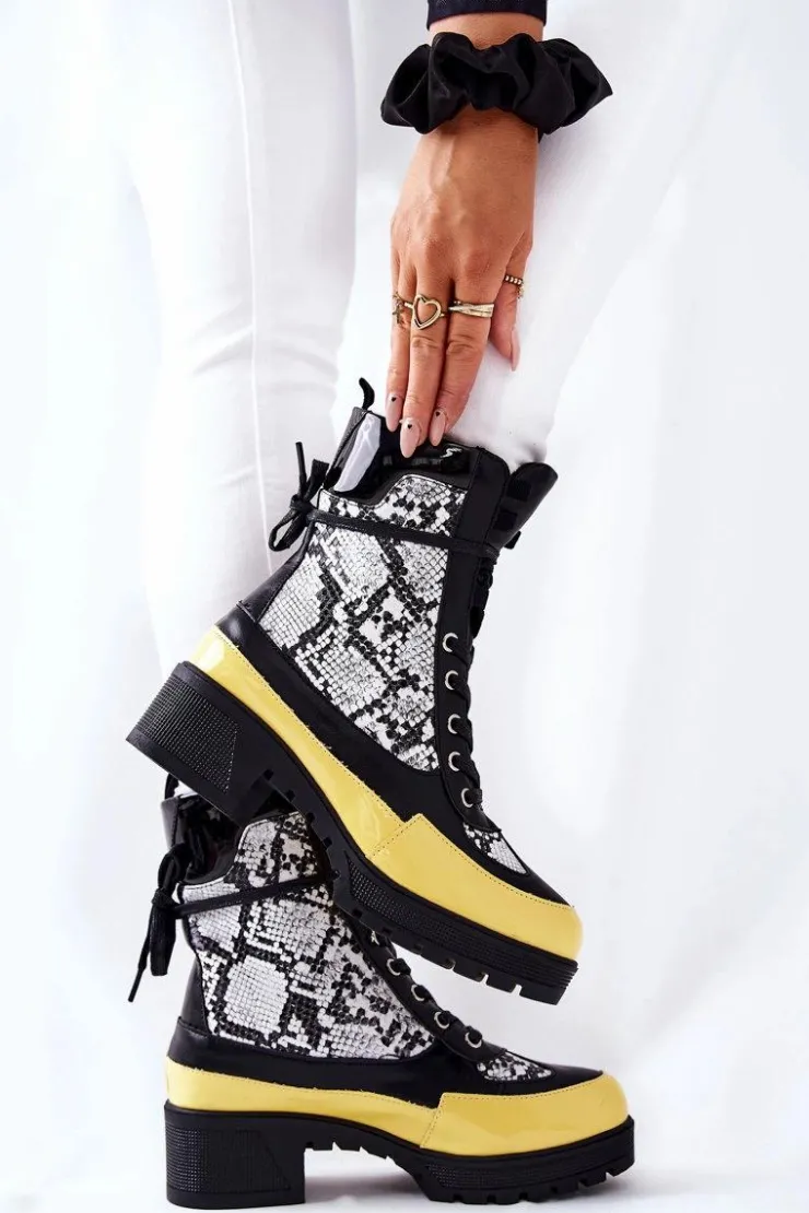 Boto Botki Sznurowane|Botki Na Słupku*Skórzane Botki Wężowe Czarno-Żółte Meridiah