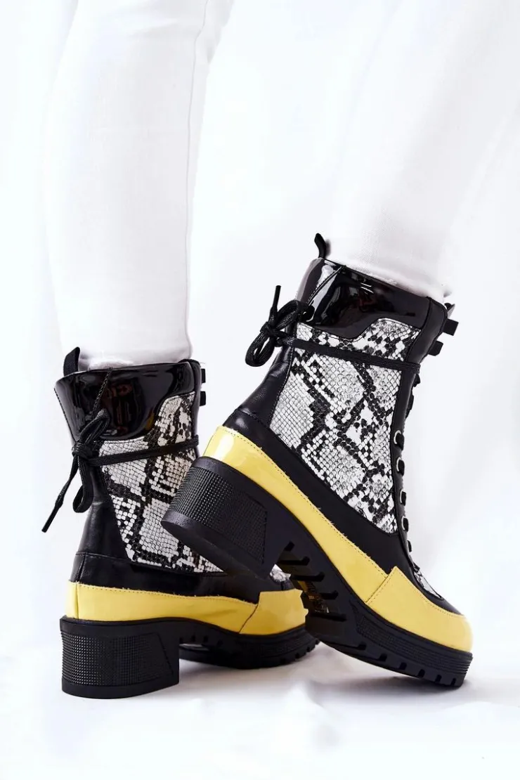 Boto Botki Sznurowane|Botki Na Słupku*Skórzane Botki Wężowe Czarno-Żółte Meridiah