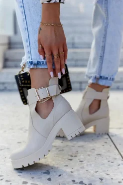 Hot Boto Skórzane Botki Wycięcie Pasek Beżowe Rosanne